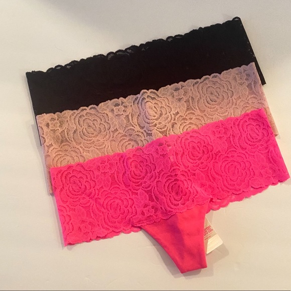 VS PINK Cotton Thongs Wide Band Lace 3 Set NEW - Picture 1 of 4